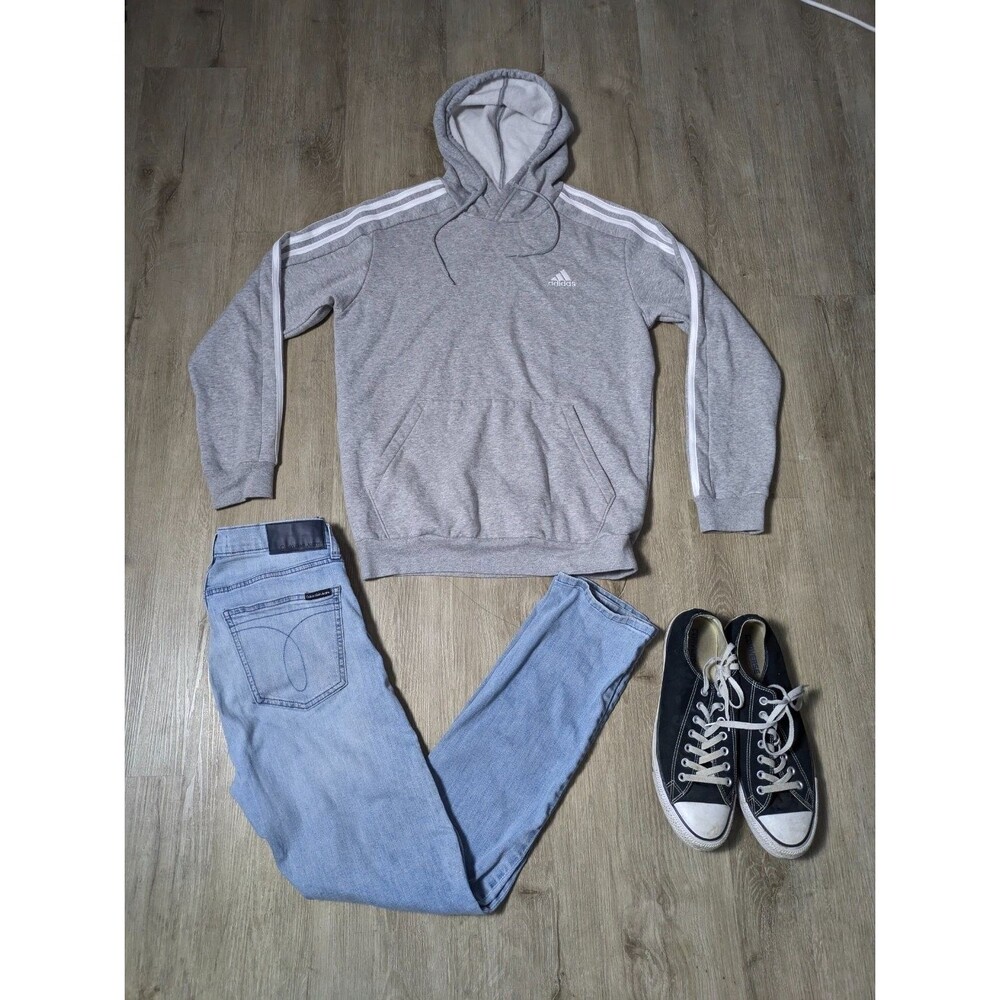 adidas Gray Three-stripe Pullover Hoodie Mens Heather Long Sleeve